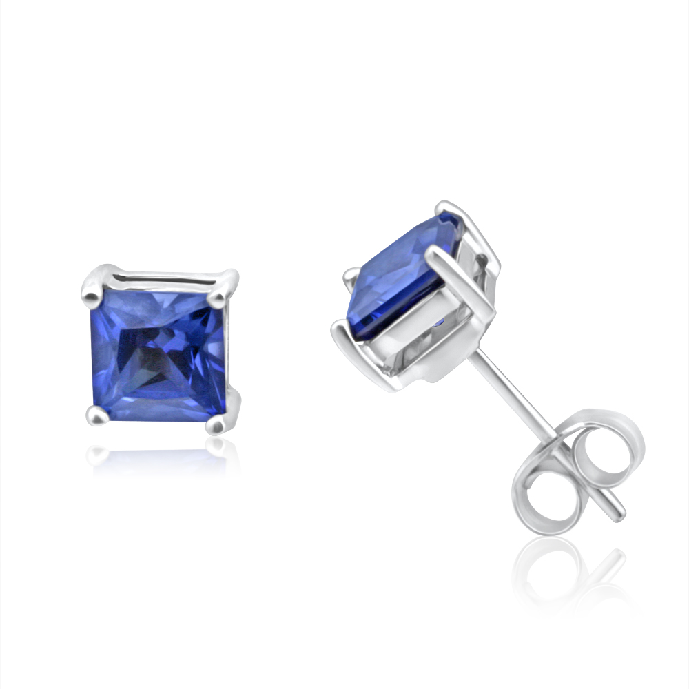 9ct White Gold Created Sapphire Princess Cut 5mm Stud Earrings