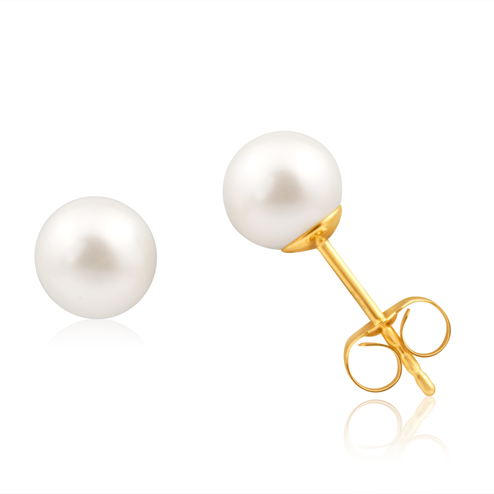 14ct Yellow Gold 6mm White Freshwater Pearl Stud Earrings
