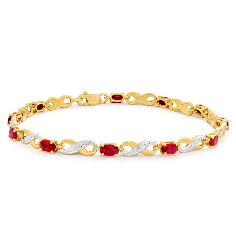 9ct Yellow Gold Created Ruby and Diamond 18cm Infinity Bracelet