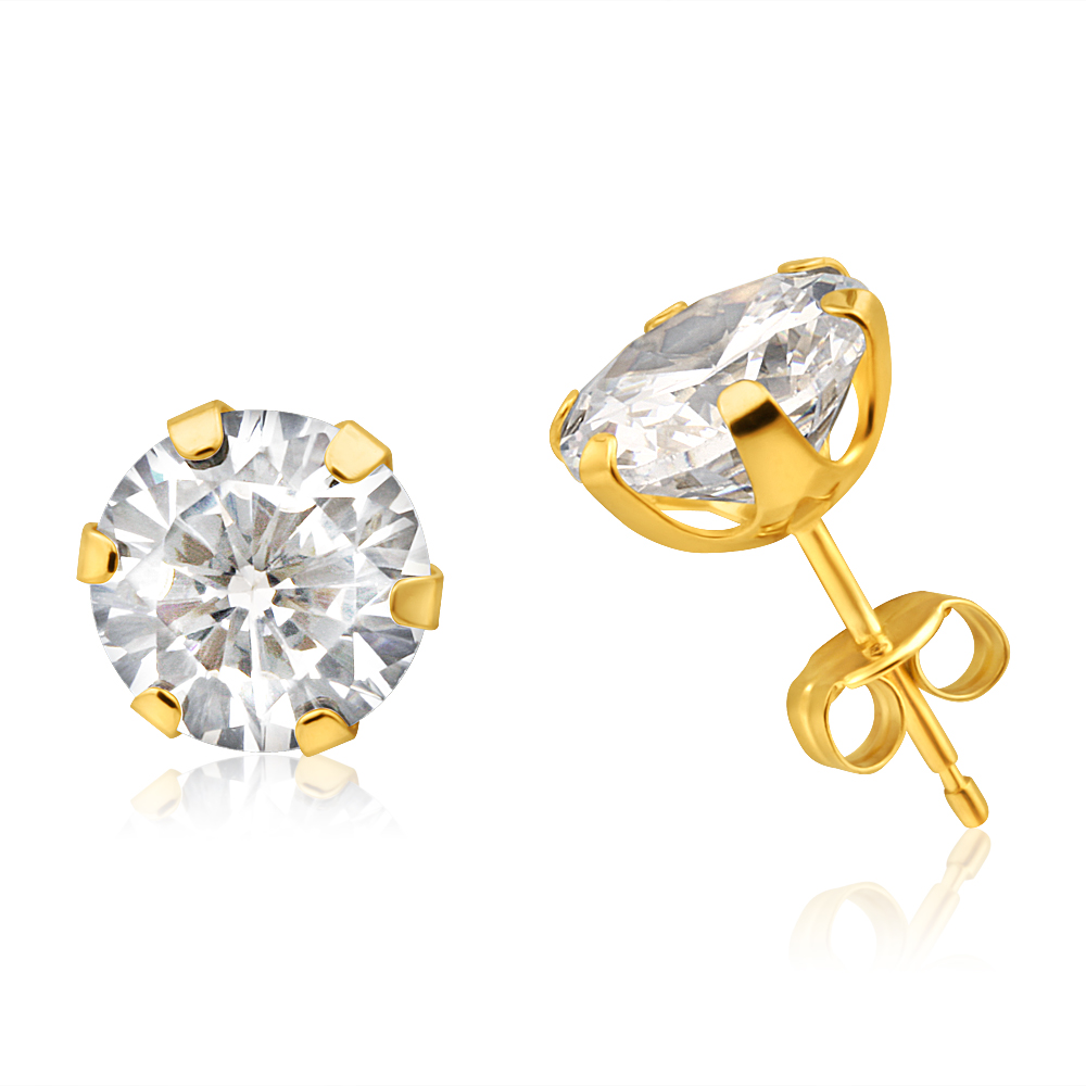 9ct Yellow Gold Cubic Zirconia 8mm 6 Claw Stud Earrings