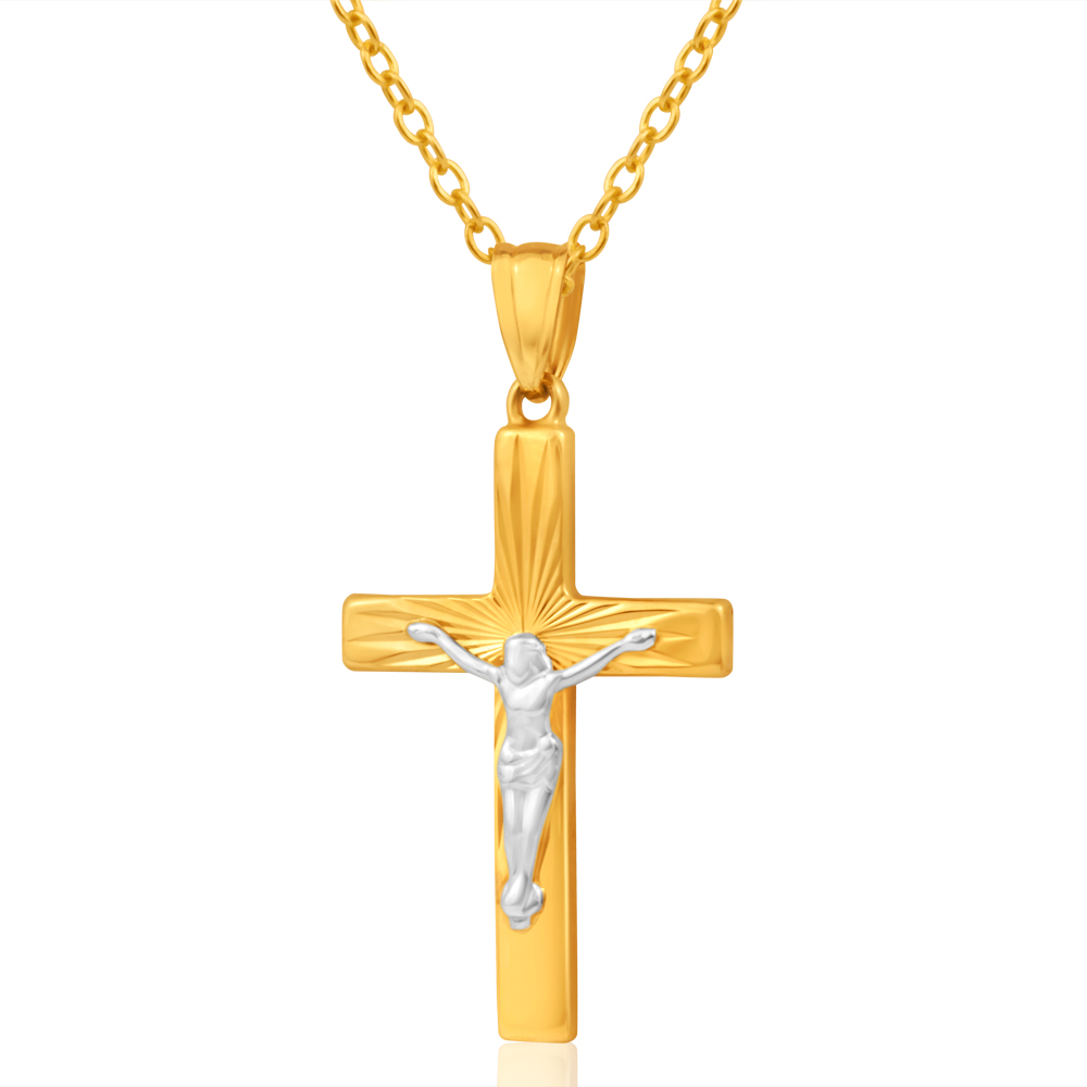 9ct Yellow Gold & White Gold Crucifix Pendant with Diamond cutting