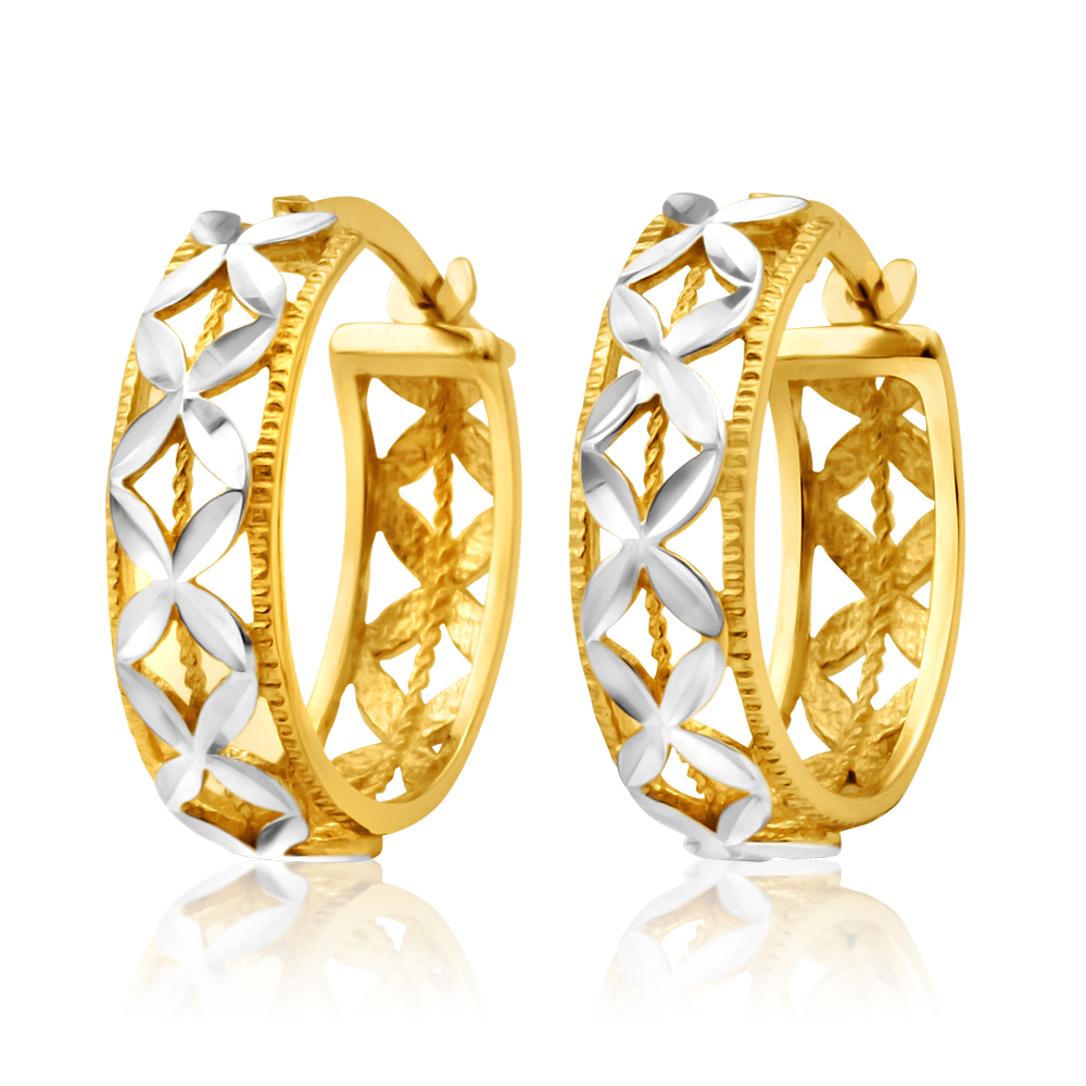 9ct Yellow Gold & White Snowflake Features Hoop Earrings