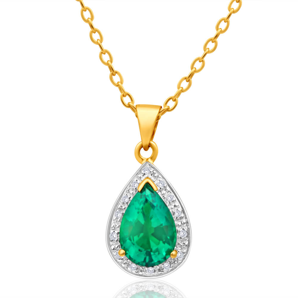 9ct Yellow Gold Created Emerald and Diamond Pendant