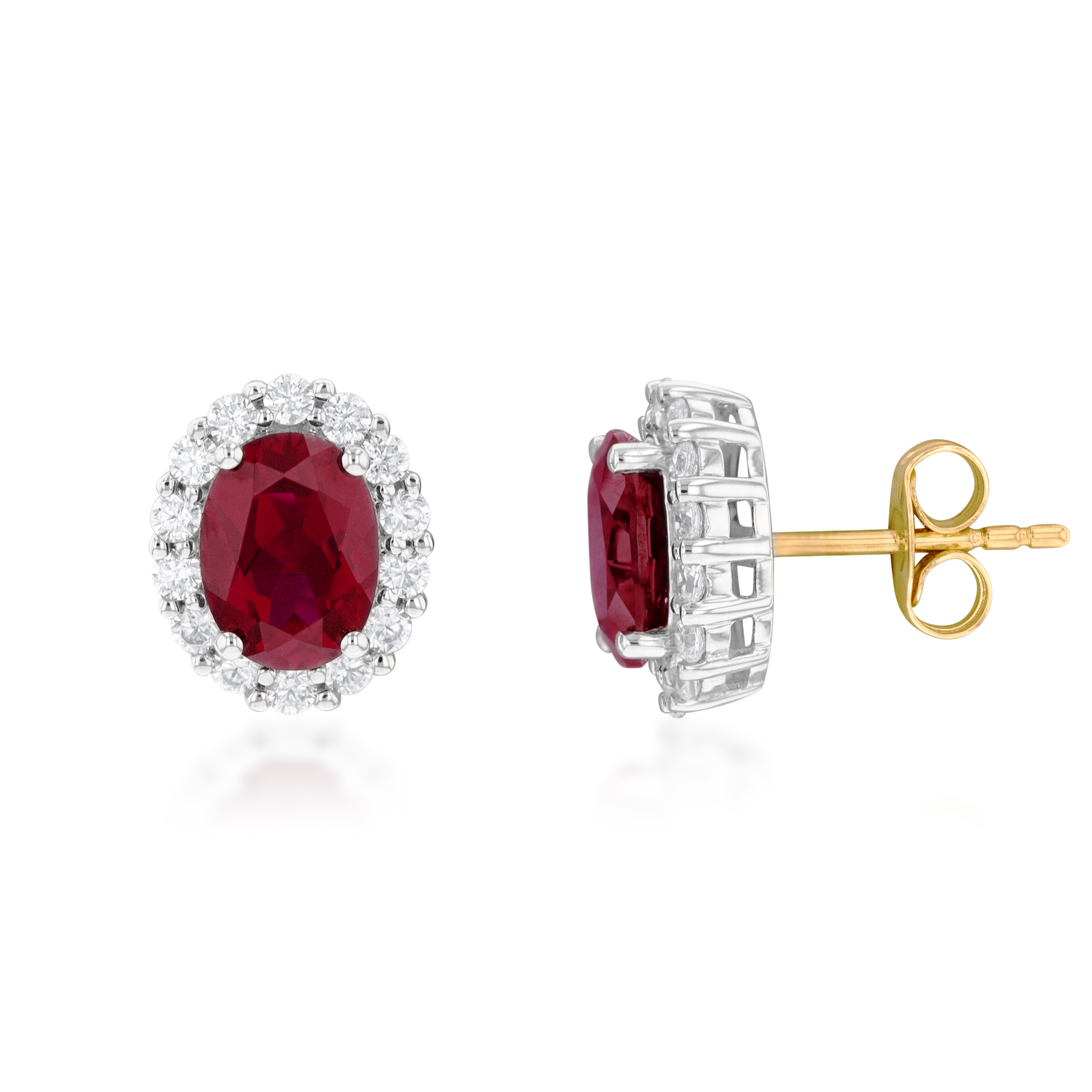 9ct Yellow Gold Created Ruby Oval + Cubic Zirconia Halo Stud Earrings