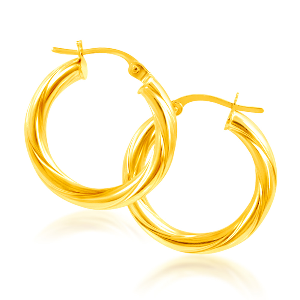 9ct Yellow Gold Hoop Earrings in 15mm with twist