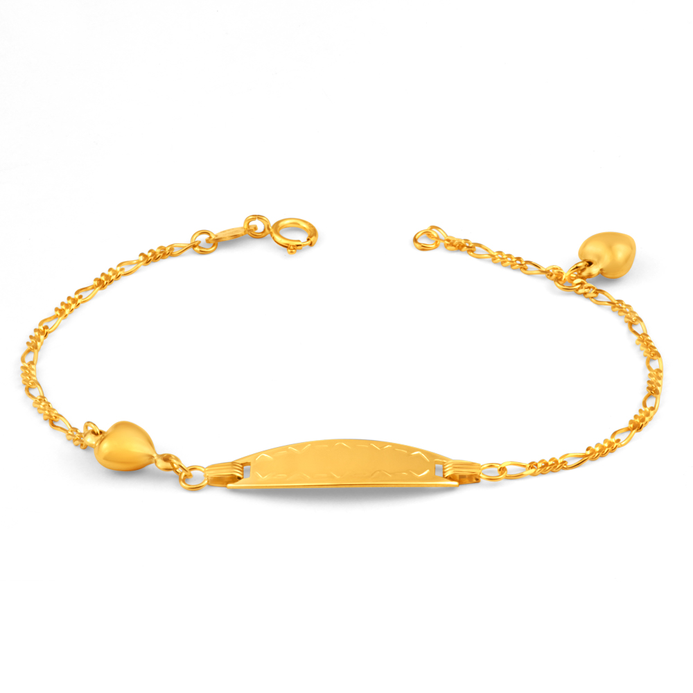 9ct Yellow Gold Figaro 1:3 ID 16cm Bracelet with Heart Charms