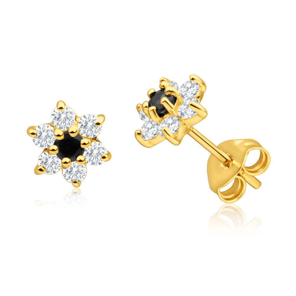 9ct Yellow Gold Cubic Zirconia + Natural Sapphire Flower Stud Earrings