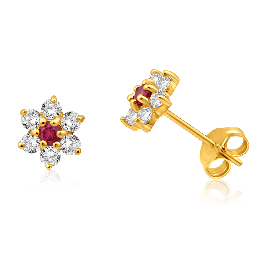 9ct Alluring Yellow Gold Created Ruby + Cubic Zirconia Stud Earrings