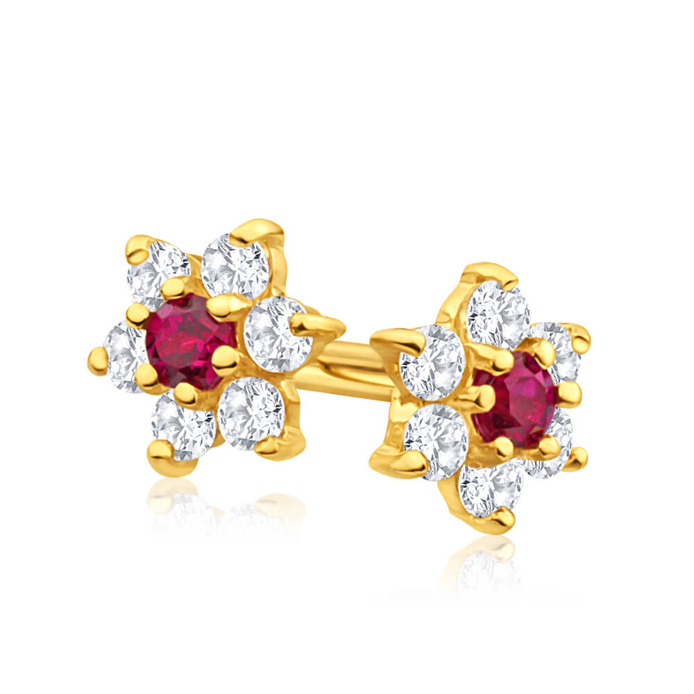 9ct Alluring Yellow Gold Created Ruby + Cubic Zirconia Stud Earrings