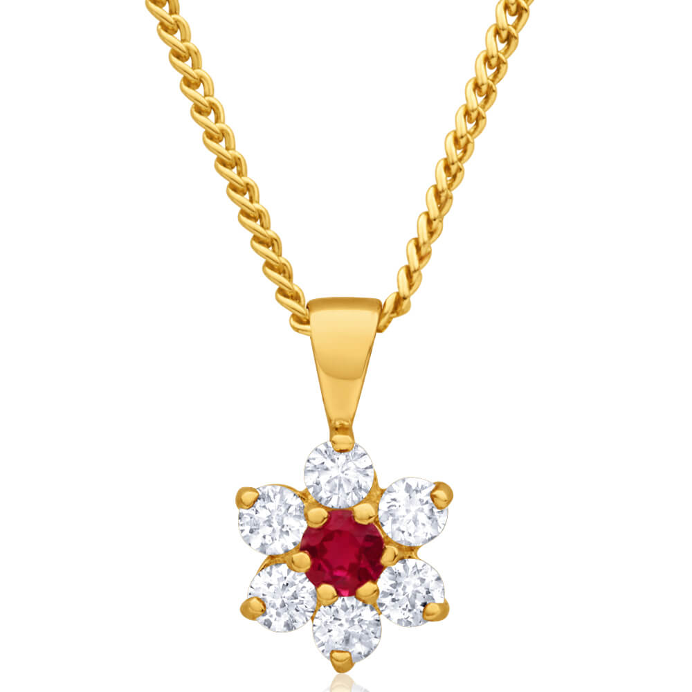 9ct Yellow Gold Created Ruby + Cubic Zirconia Flower Pendant