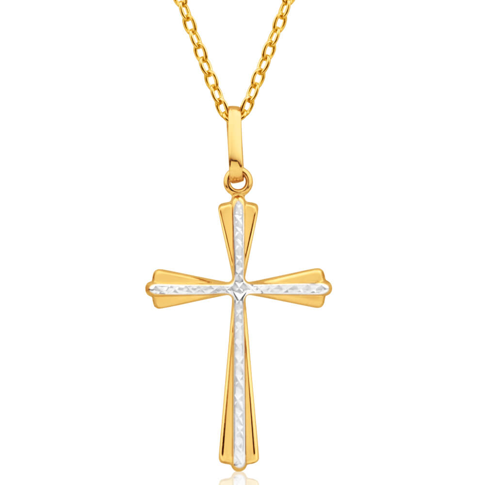9ct Yellow Gold Cross Pendant with two tone white accent