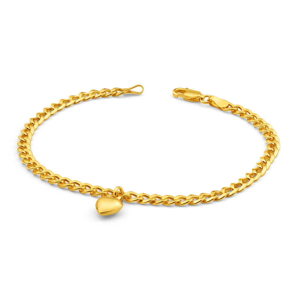 9ct Yellow Gold Silver Filled Heart Drop Curb Bracelet