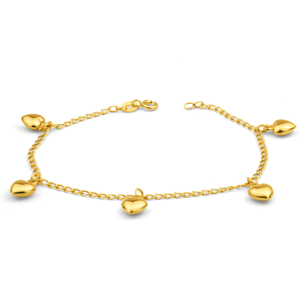 9ct Yellow Gold Silver Filled Heart Drop 19cm Curb Bracelet