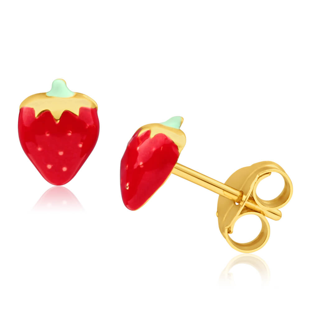 9ct Yellow Gold Strawberry Enamel Stud Earrings
