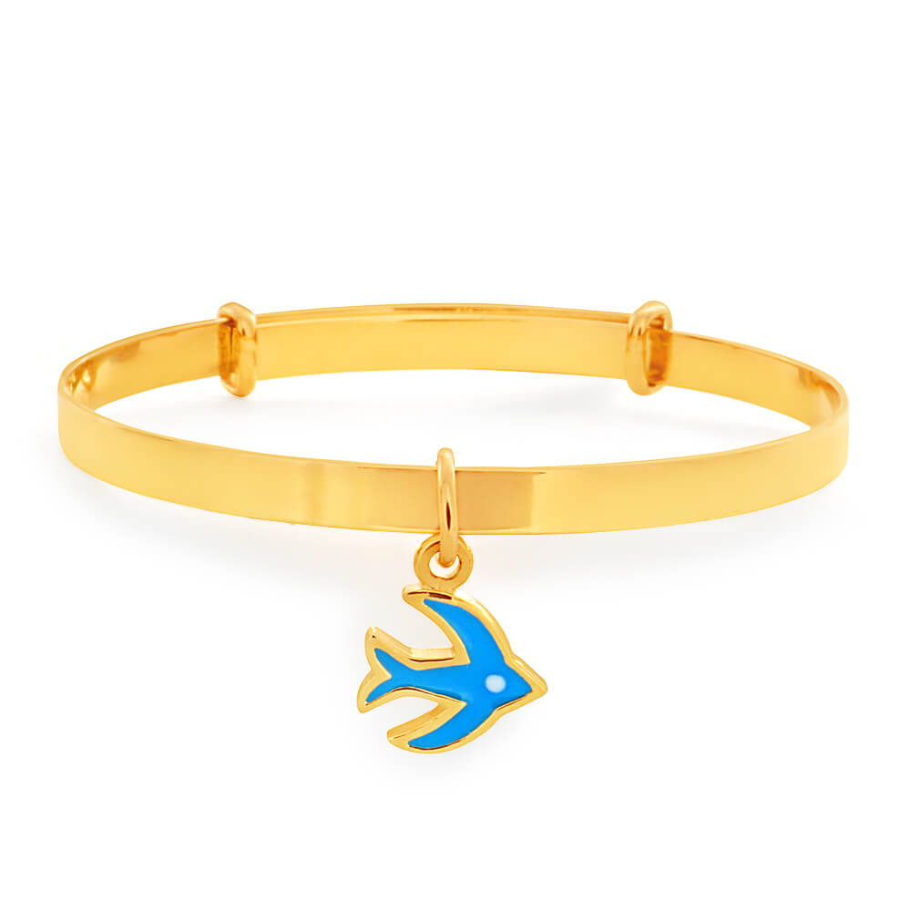 9ct Yellow Gold Expendable Blue Bird Baby Bangle