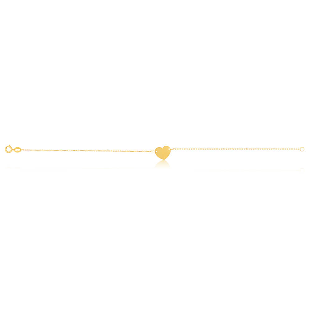 9ct Yellow Gold Plain Flat Heart Charm on 18cm Bracelet