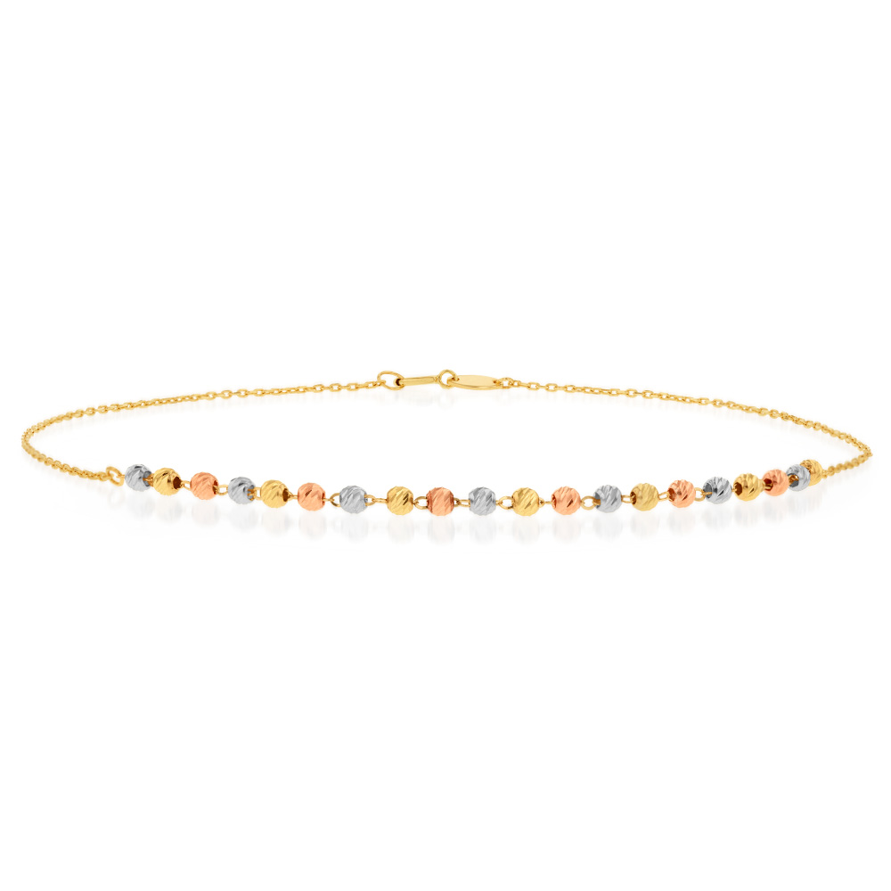 9ct 3-Tone Yellow White Rose Gold Beaded 27cm Anklet