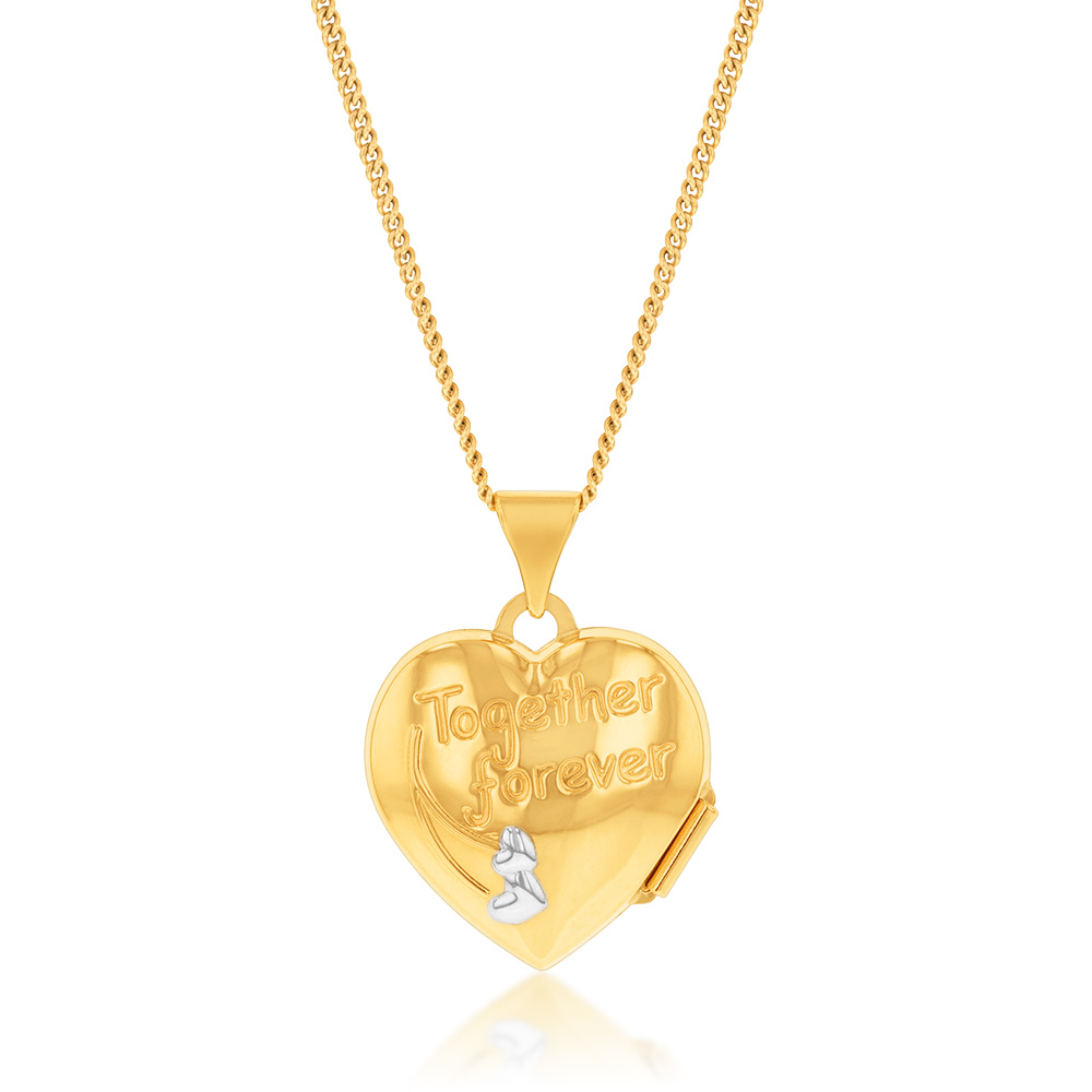 9ct Yellow & White Gold Two Tone Together Forever On Heart Locket Pendant