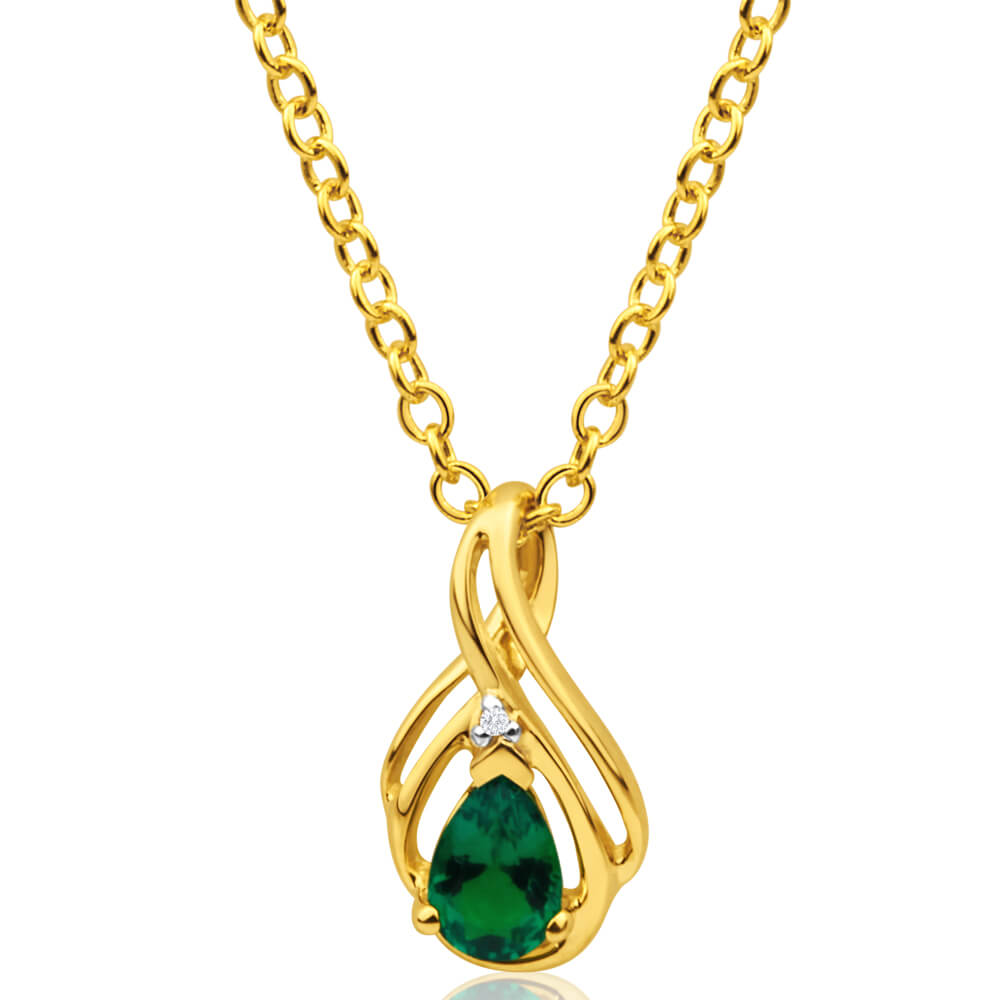 9ct Yellow Gold Diamond + Emerald Pendant