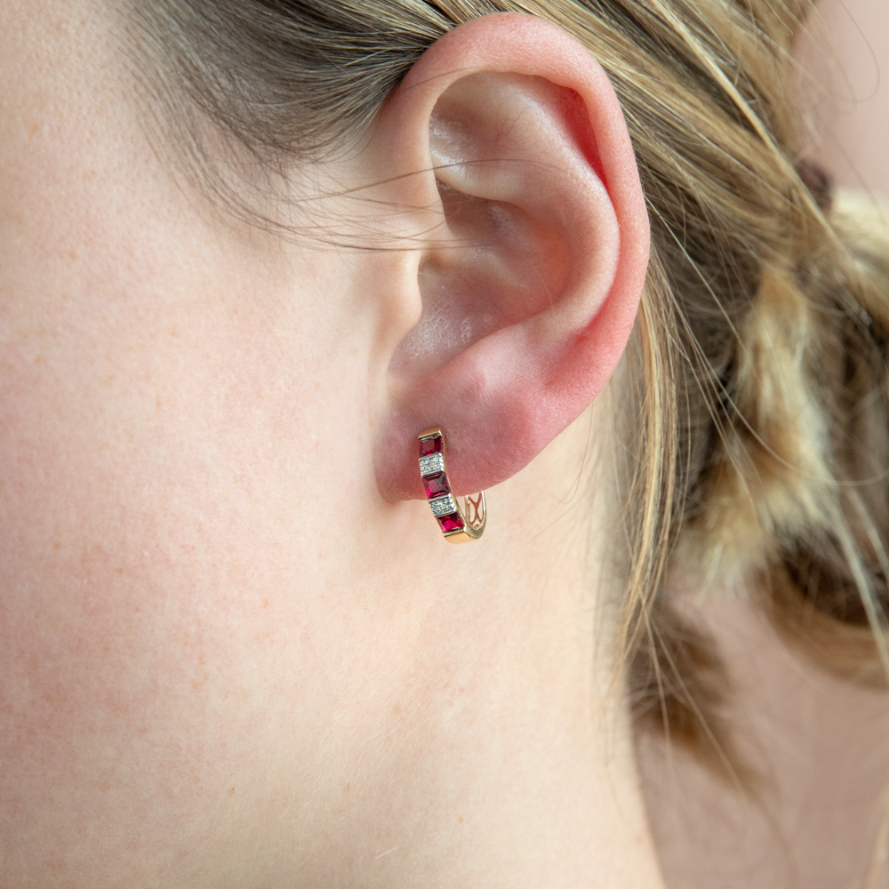9ct Yellow Gold Created Ruby + Diamond Hoop Earrings