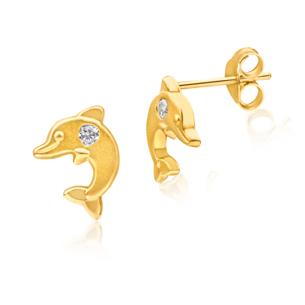 9ct Yellow Gold Cubic Zirconia Dolphin Stud Earrings