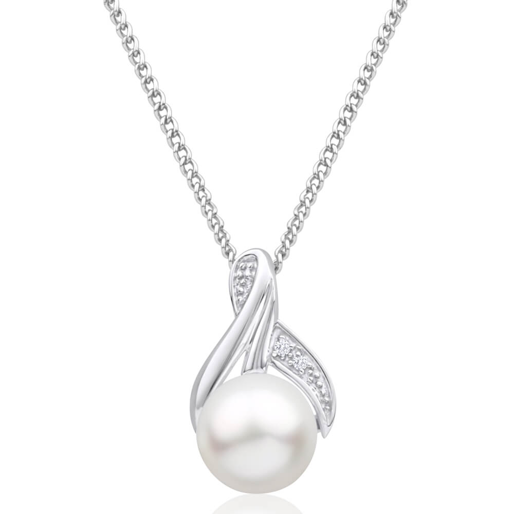 9ct White Gold Freshwater Pearl and Diamond Pendant