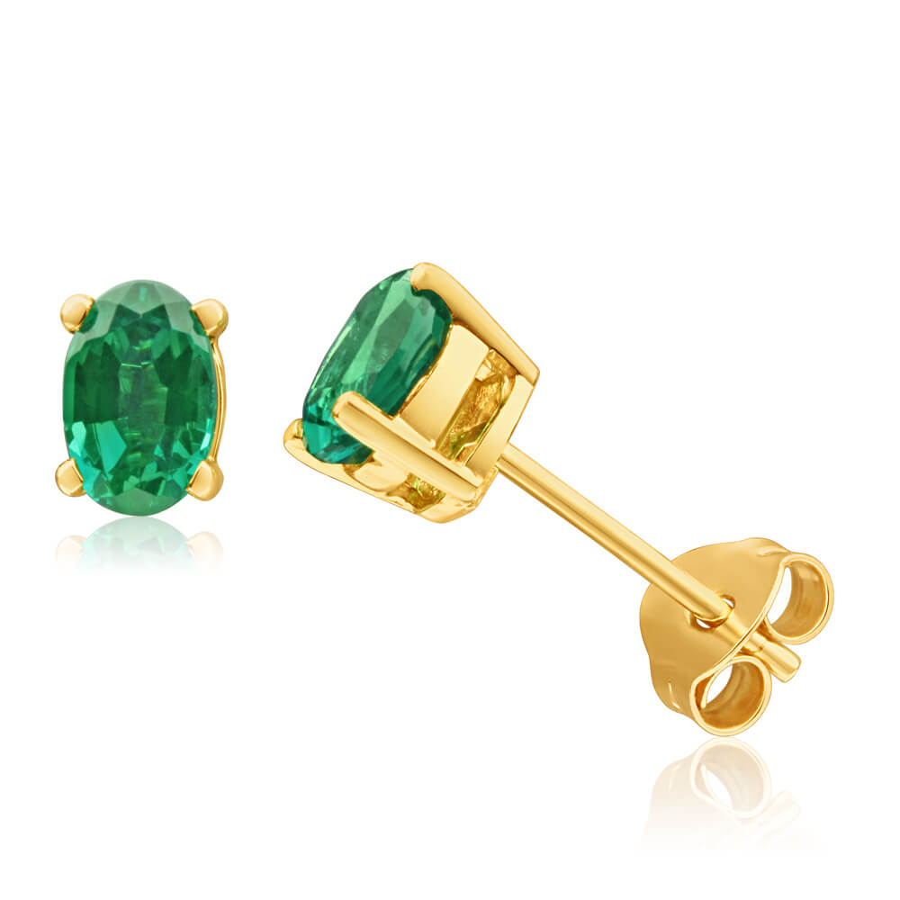 9ct Alluring Yellow Gold Created Emerald 6x4mm Stud Earrings