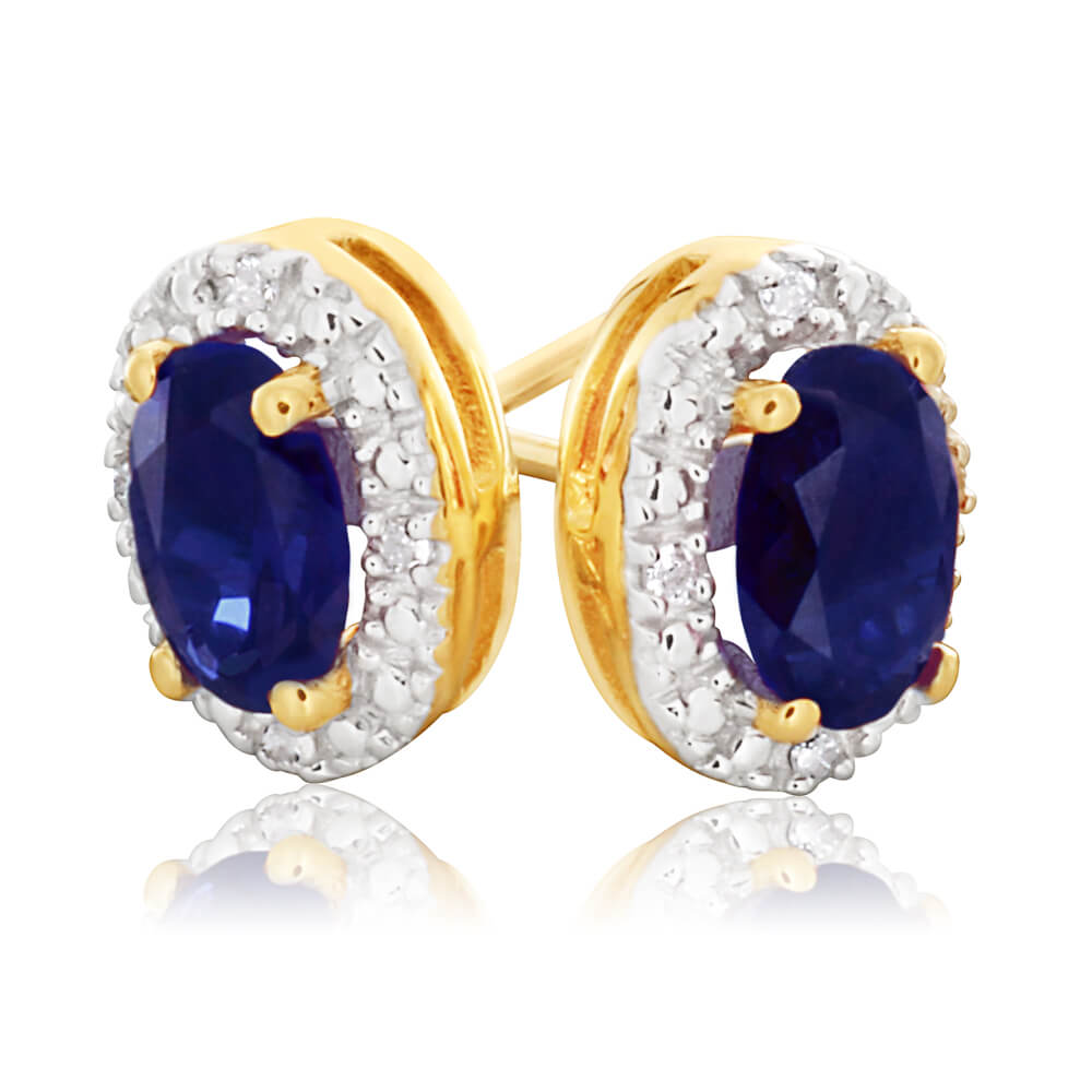 9ct Yellow Gold Created Sapphire 6x4mm + Diamond Stud Earrings