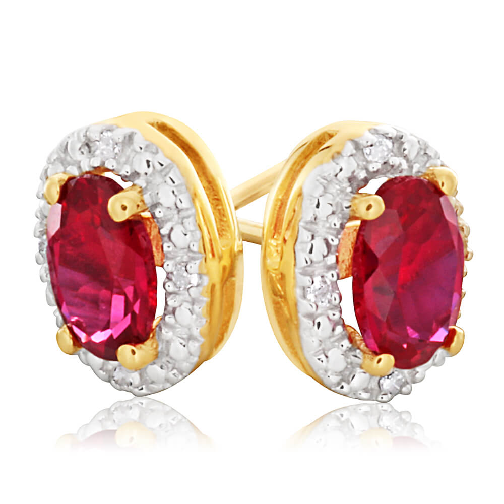 9ct Yellow Gold Created Ruby + Diamond Stud Earrings
