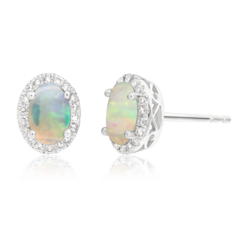9ct White Gold Opal 6x4mm and Diamond Stud Earrings