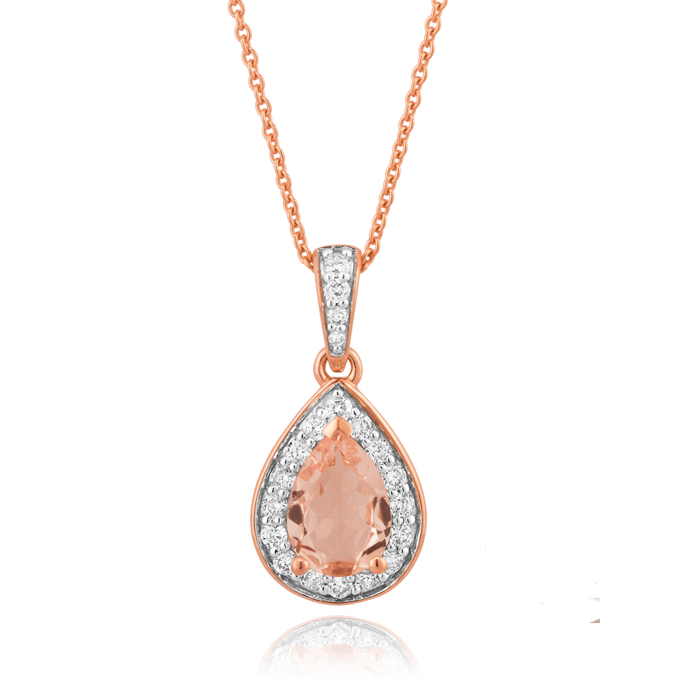 9ct Rose Gold 7x5mm Pear Morganite and 0.15 ct Diamond Pendant with 45cm Chain
