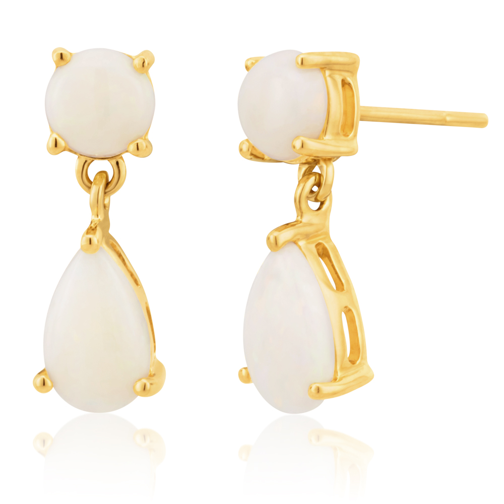 9ct Yellow Gold White Opal Drop Earrings