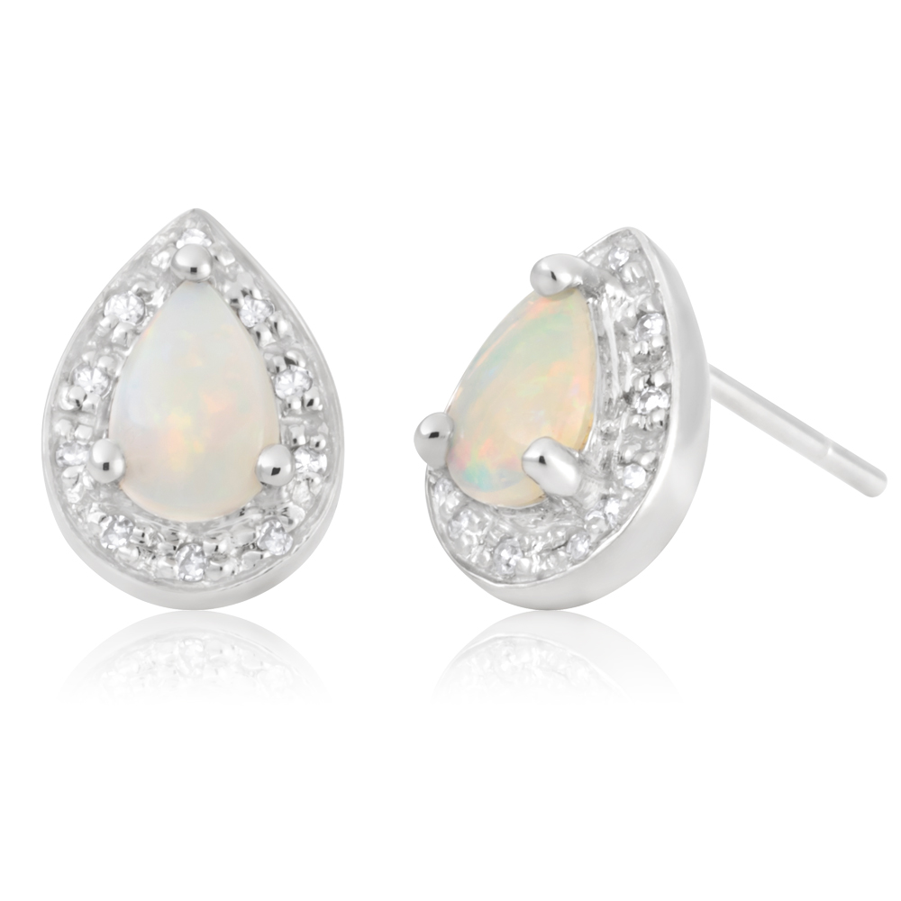 9ct White Gold White Opal and Diamond Pear Stud Earrings