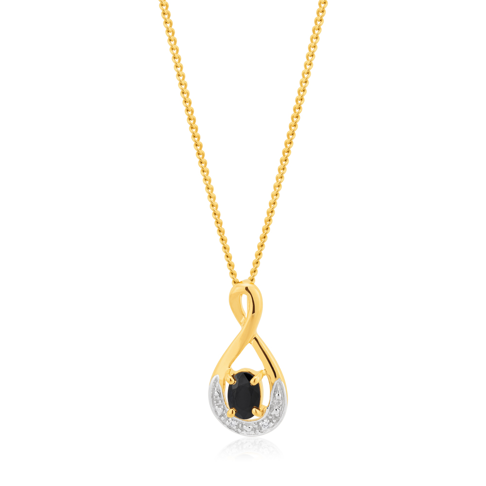 9ct Yellow Gold Natural Black Sapphire & Diamond Pendant
