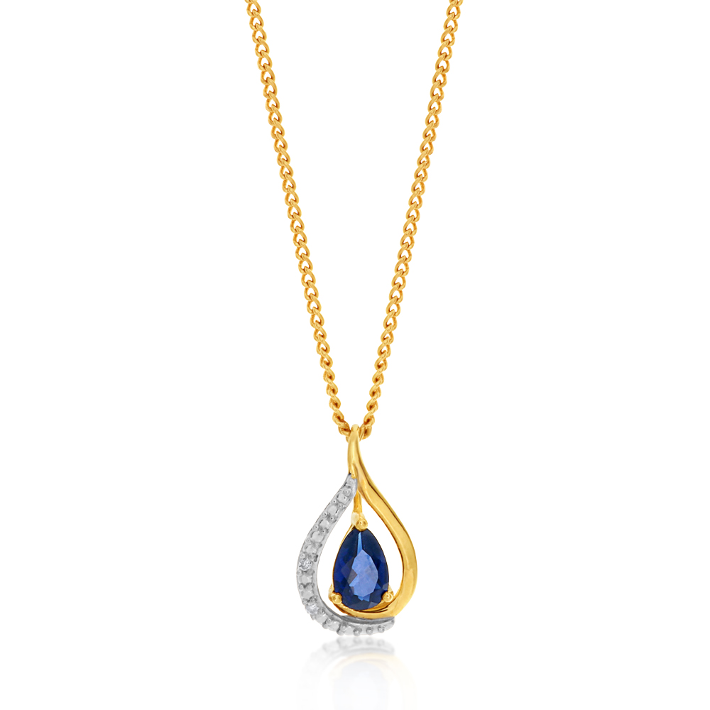 9ct Yellow Gold Created Sapphire and Diamond Pendant