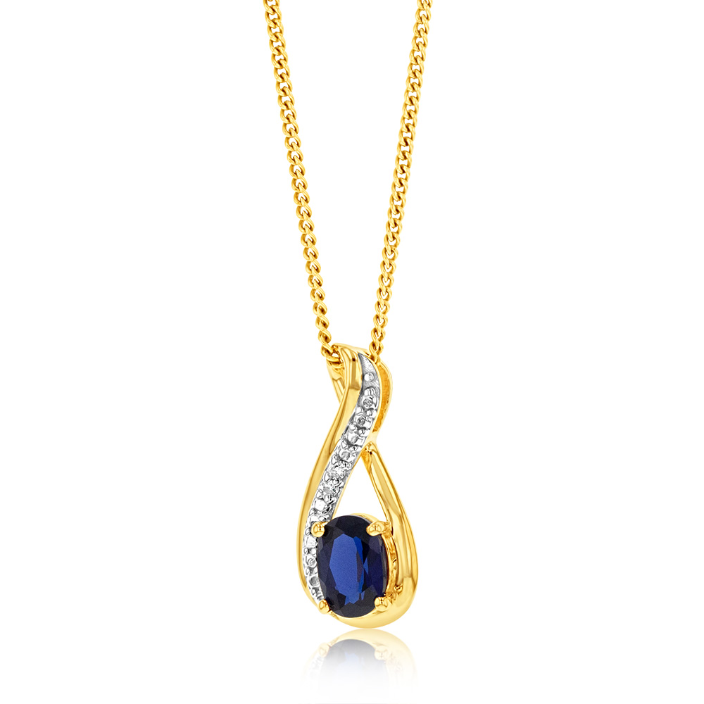 9ct Yellow Gold Created Sapphire & Diamond Pendant