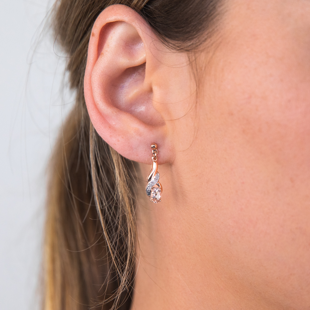 9ct Rose Gold Morganite and Diamond Oval Drop Earrings