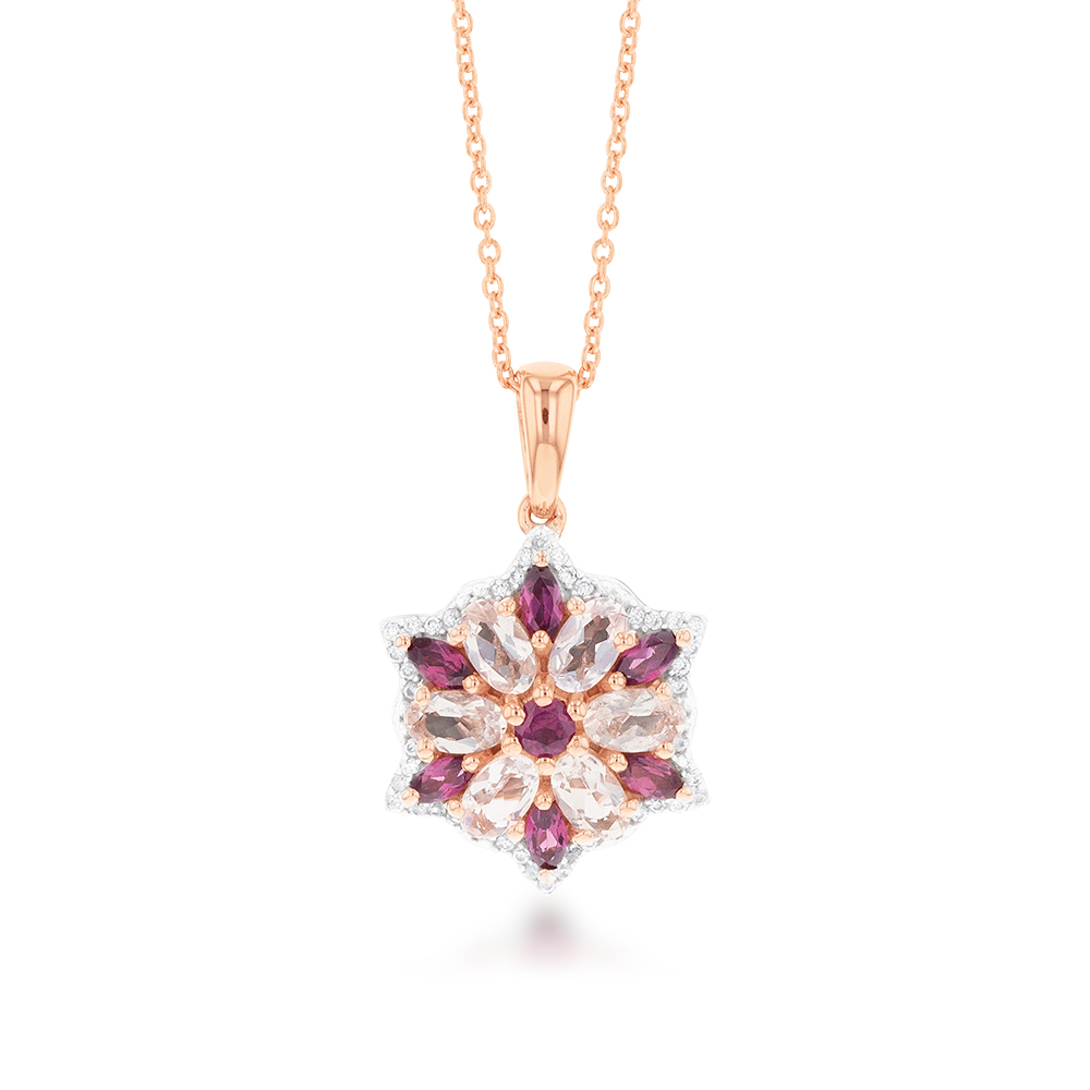 Rose Plated Sterling Silver Morganite Rhodolite and White Zircon Pendant on Chain