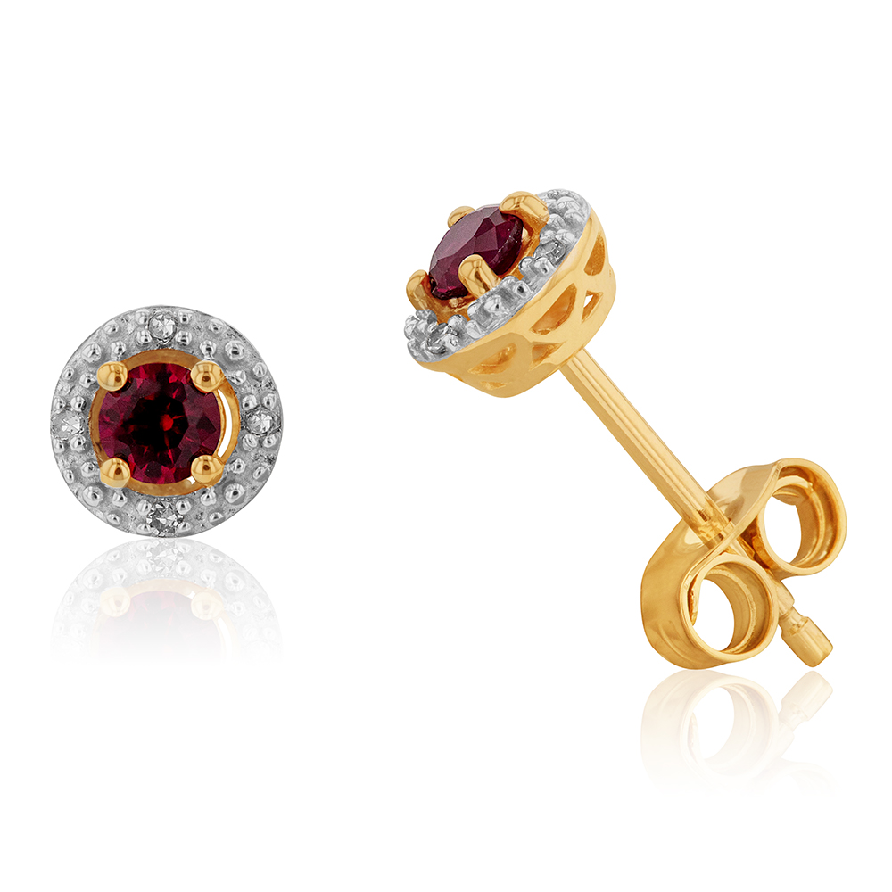 9ct Yellow Gold 3mm Created Ruby and Diamond Halo Stud Earrings