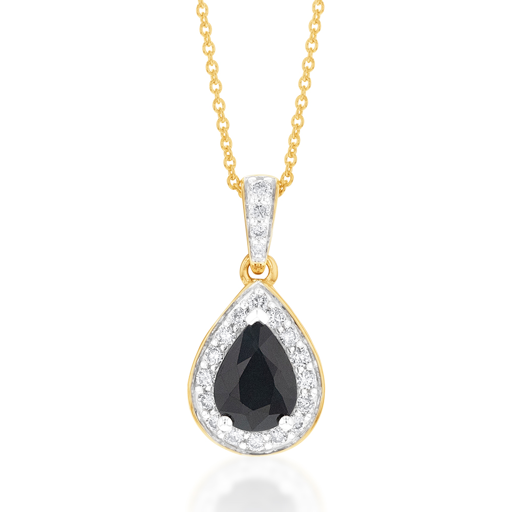 9ct Yellow Gold 7x5mm Natural Sapphire Pear Halo Pendant on 45cm Chain
