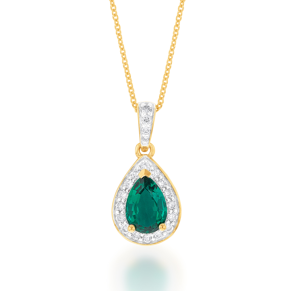 9ct Yellow Gold 7x5mm Created Emerald and Diamond Pear Halo Pendant on 45cm Chain