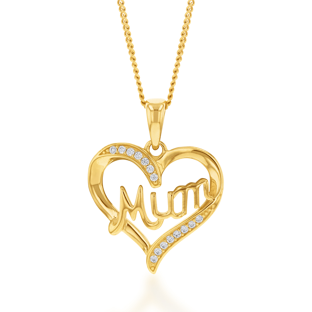 9ct Yellow Gold Zirconia 'Mum' Heart Pendant