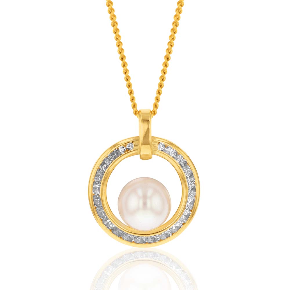 9ct Yellow Gold 6mm Freshwater Pearl and Zirconia Pendant