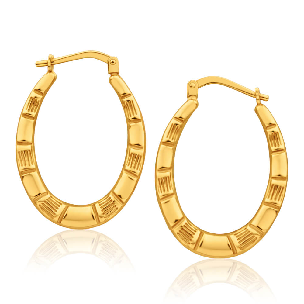 9ct Yellow Gold Silver Filled Oval Bamboo Style 13mm Hoop Earrings