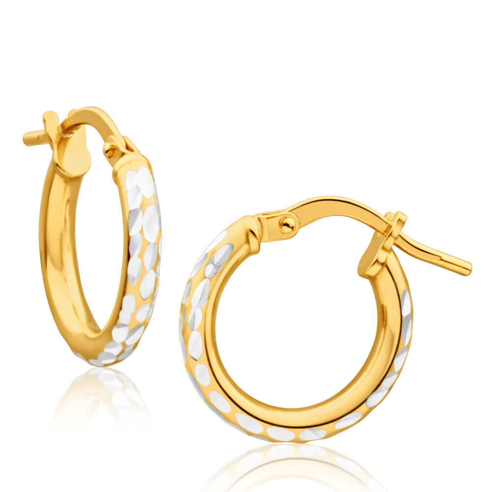 9ct Yellow Gold Silver Filled 10mm Hoop Earrings with diamond cut feature