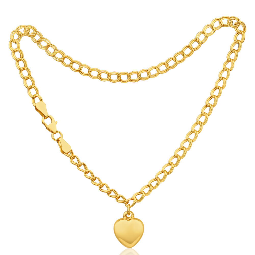 9ct Yellow Gold Silver Filled Heart 27cm Curb Anklet