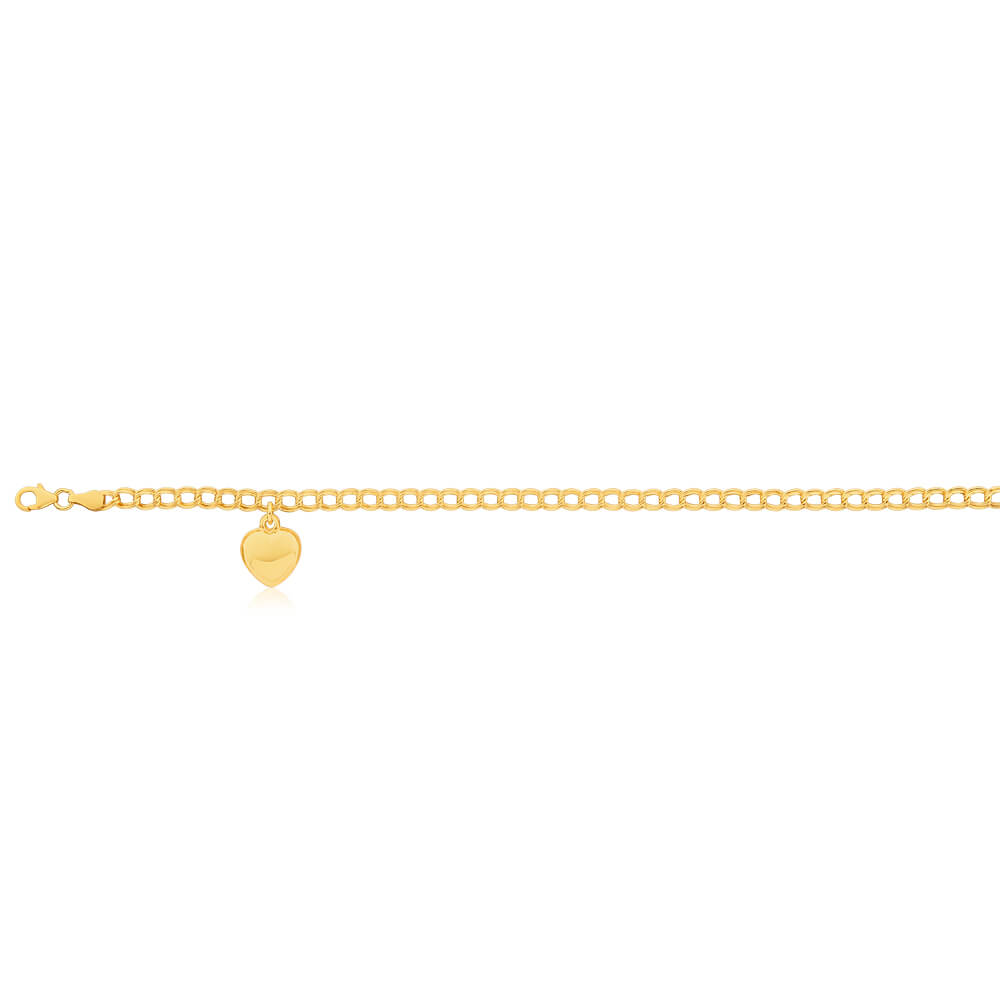 9ct Yellow Gold Silver Filled Heart 27cm Curb Anklet