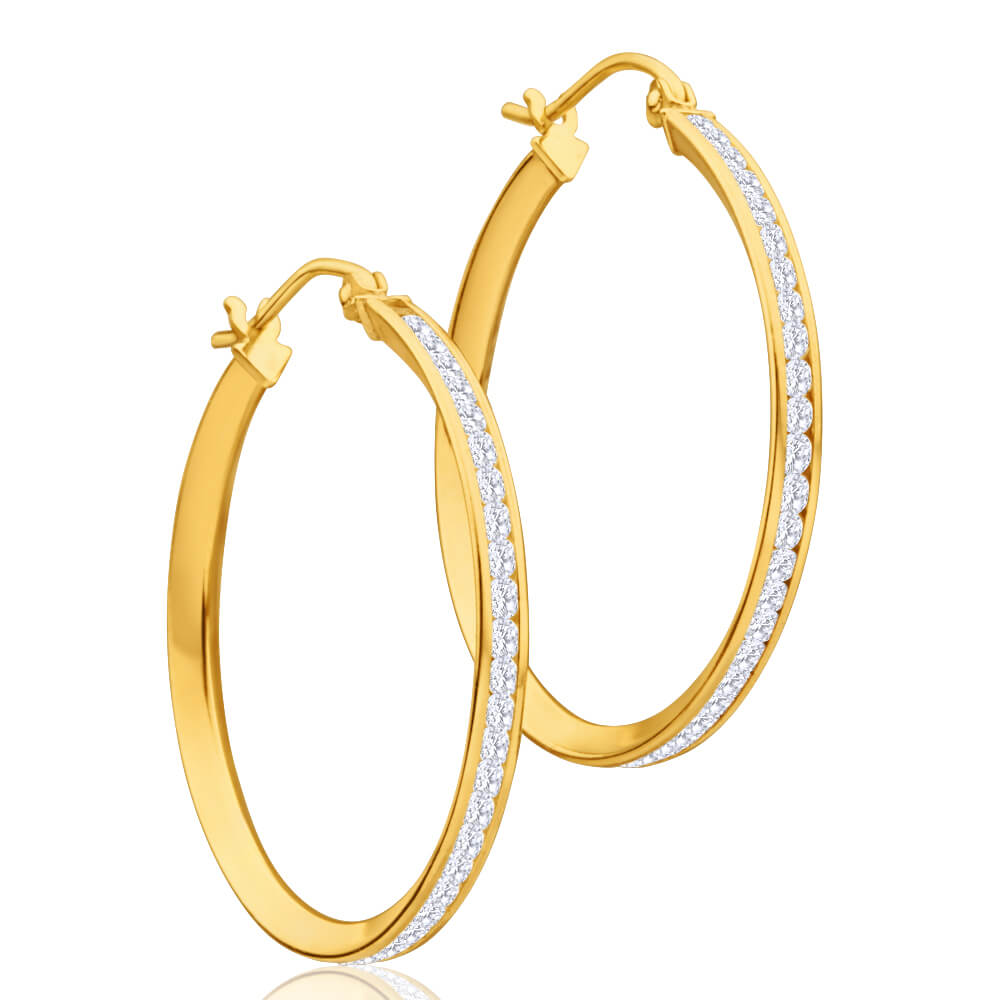 9ct Yellow Gold Silver Filled Cubic Zirconia 28mm Hoop Earrings