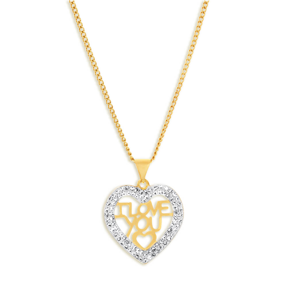 9ct Yellow Gold Silver Filled Crystal I Love You Heart Pendant