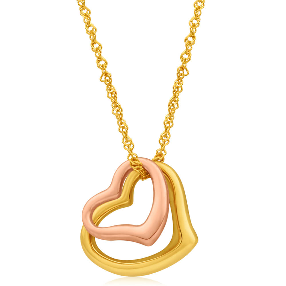 9ct Yellow Gold Silver Filled Open Hearts Pendant With 45cm Chain